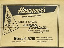 Hasenour's Louisville KY Choice Steaks Jumbo Cocktails Vintage Print Ad 1960 picture