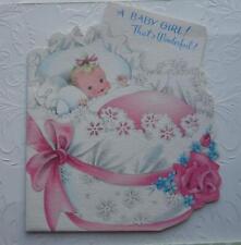 Vintage 1955 NEW BABY GIRL Die-Cut Lacy Bassinet Greeting Card PINK ROSE picture