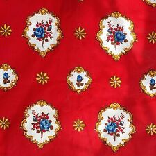 Vtg Dekoplus Cotton Decorator Fabric Red With Traditional Blue Rose Pattern 7 yd picture