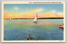 Vintage Postcard MN Minneapolist Lake Calhoun Sailboat Swimming Linen  ~13249 picture