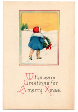 Merry Christmas Sincere Greetings c1920's rural snow scene, young girl, wreath picture