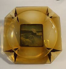 Vintage Niagara Falls Canada Amber Glass Photo Ashtray Souvenir 8” Heavy 4 Rest picture