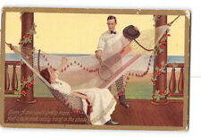 Romance Love Gold Enhanced Creased Postcard 1910 Woman Hammock Tennis Racket Man picture