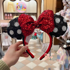 Disney Parks Polka Dot Red Bow Minnie Mickey Mouse Sequin Black Ears Headband US picture