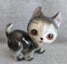 Vintage Playful Cat Figurine Made In Japan Grey Kitty Big Eyes Crouching  picture