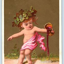 c1880s Cute French Baby October Victorian Trade Card Leaf Head Pouring Wine C24 picture
