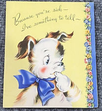 Greeting Card Vintage Get Well Puppy Blue Bow Something To Tell Your Ear Hurry picture