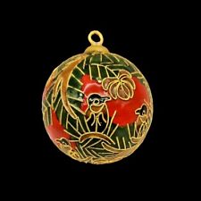Vintage Cloisonné Ball Christmas Ornament Hand Painted Green Red Brown Birds picture