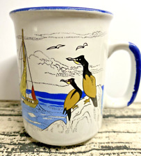 Vintage Coastal Seagull Ceramic Cup Mug, Seagulls, Sailboats Blue and White  picture