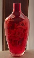2003 Jaguar Art glass 9” red vase with etched poppy flowers and butterflies picture