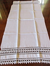 Antique wt. damask table runner/towel w/ crocheted borders 41