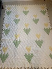 Vintage Hand Stitched Tulip Quilt Vibrant Green/Yellow 64x88 picture