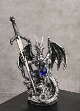 Legendary Silver Dragon Carrying Orb and Excalibur Sword Letter Opener Figurine picture