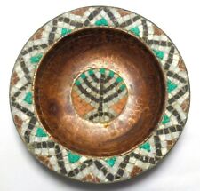 DAVID MALKA (ISRAEL) VINT SIGNED SMALL HAMMERED COPPER DISH, W/MOSAIC CUT STONE  picture