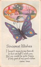 Butterfly by Rural Home Scene With Bridge on 1918 Art Deco Sincerest Wishes PC picture