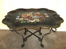 Antique Hand Painted Floral Signed Fred Austin Tole Tray Table w/ Iron Stand picture