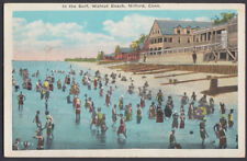 Bathers in the Surf at Walnut Beach at Milford CT postcard 1938 picture