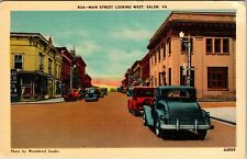 Vintage Postcard Main Street Looking West Salem Va.Virginia Old Cars picture