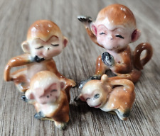 Vtg set of 4 Japan Bone China Monkeys Family Brown Mom Babies picture