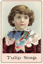 1890s Tulip Soap Victorian Trade Card. Angelic Boy. Lacy Collar & Colorful Tie picture