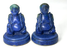 Antique 1900's Very Rare Pair of Fulper Blue Buddhas Bookends picture