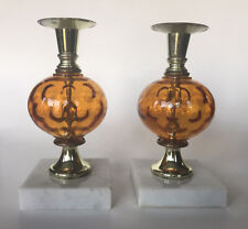 VTG Blown Amber Glass Brass Marble Candlestick Holders Regency MCM Set of 2 picture