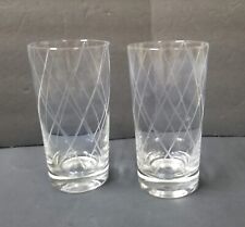 2 Lattice Drinking Glasses Vintage Clear Etched Criss Cross Diamond Weighted picture