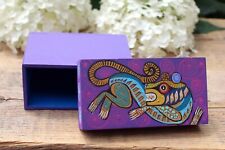 Alebrije Box Jaguar Nagual Hand Painted Purple Wood Oaxaca Mexico Folk Art Sm Sz picture
