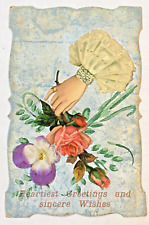 Postcard Hand & Floral Greetings Die Cut Applique Art Nouveau c1910's France picture