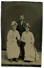 CIRCA 1860'S 1/6 Plate 2.13X3.25 in TINTYPE One Handsome Man Two Beautiful Women picture