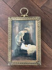 FRENCH ANTIQUE BRASS / BRONZE PICTURE FRAME With Old Print Mother’s Babe 3.5”5.5 picture