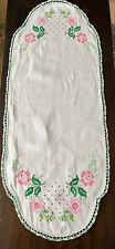 Vintage Hand  Cross Stitched Crocheted Edge Linen Dresser Scarf 34” x 14” picture