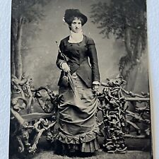 Antique Tintype Photograph Beautiful Fashionable Young Woman Purse Hat Parasol picture