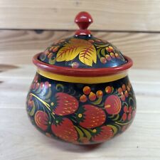 Vintage Russian Khokhloma Folk Art Strawberries Painted Jar Lid Sugar Bowl R4 picture