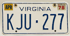 VTG 70s Virginia used License Plate KJU-277 with April 78 Tag/Inspection sticker picture