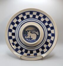 Debbie Dean Pottery Rabbits Blue Checkerboard Vegetable Serve Attached Dip Bowl  picture