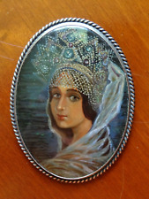 Exquisite Russian Maiden, Signed &Hand Painted, Silver Framed Brooch 1992 picture