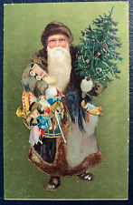 Long Brown Robe Santa Claus with Tree~Toys~Antique~Christmas Postcard~k256 picture