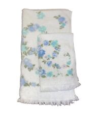 2 Vintage Dundee Blue Ivy Floral Towel Set Bath Towel & Hand Towel Fringe Edge picture