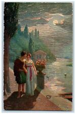 c1910 Couple Scene Flower Sunlight River Embossed Oilette Tuck Art Postcard picture