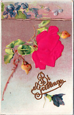 Embossed Greetings Postcard - Pink Rose with Silk Bloom - Gold Gilt Highlights picture