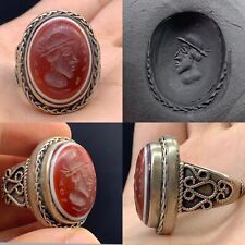 Stunning Rare Ancient Roman Agate King Intaglio Silver Ring Antique - picture