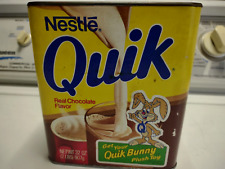 Vintage 32 OZ 1985 Nestle Quik Chocolate Flavor Milk Tin , Bunny Plush Offer picture