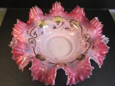 Antique Ruffled Glass Bride’s Basket Porcelain Bowl w/ Gold Hearts 12.25