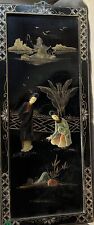 2 Hand painted/carved gemstone Oriental Asian wood wall art vintage  picture