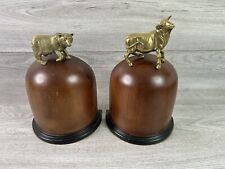 Vintage Brass Dark Wood Sarreid lTD Stock Market Bear & Bull Heavy Bookends Set picture