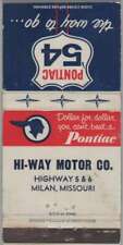 Matchbook Cover - 1954 Pontiac Dealer - Hi-Way Motor Co Milan, MO picture