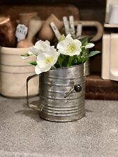 Vintage Rusty Bromwell Aluminum 5 Cup Metal Sifter Black Wood Crank And Floral picture
