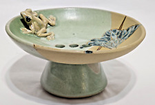 Vintage 2003 Signed Frog Pedestal Pottery Soap Dish? Incense Holder? Ikebana? picture