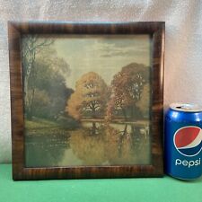 Vtg SMALL 50’s? Fall Leaves Trees Lake Swans Lithograph Print Tiger Strip Frame picture